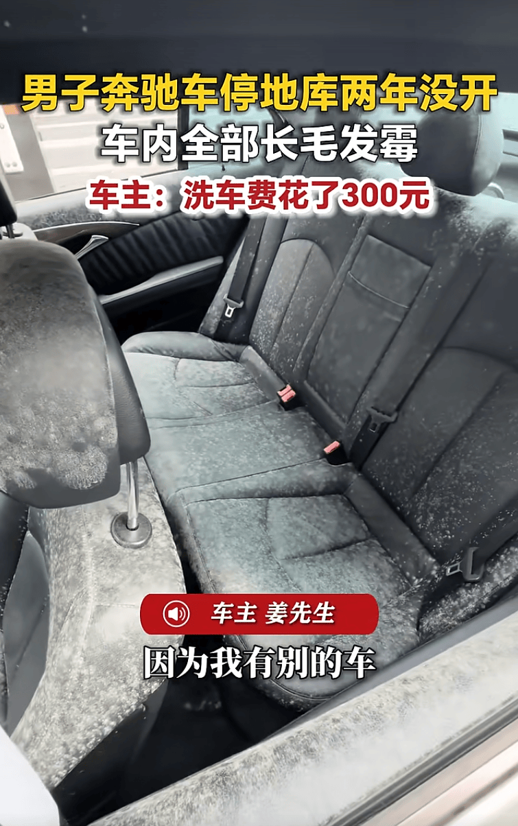 山東一男子賓士車停地庫2年沒開，車裡全部發黴長毛，車主：車門被小偷撬開後發黴，洗車花了300多元