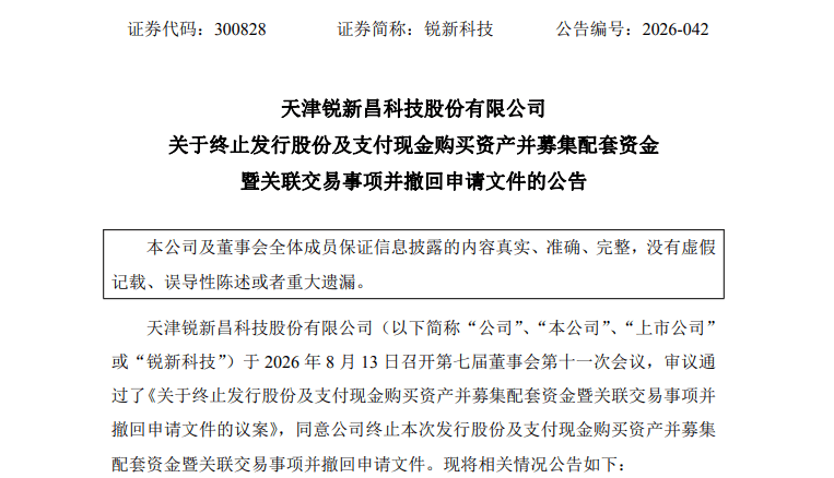 銳新科技，重大資產重組終止